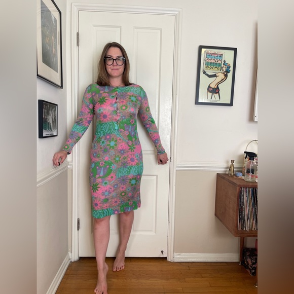 60s Vintage Diane Von Furstenberg Stretch Silk Big Cat Novelty Print Dress - Picture 1 of 15